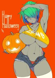 Rule 34 | 1girl, arm over head, armpits, beige eyes, blue hair, breasts, collarbone, covered erect nipples, crop top, cutoffs, dark-skinned female, dark skin, denim, denim shorts, earrings, english text, gradient hair, green hair, hair over one eye, halloween, happy halloween, jack-o&#039;-lantern, jewelry, large breasts, micro shorts, mikoyan, multicolored hair, navel, neck, open clothes, open fly, open shorts, orange background, orange panties, original, pale eye, pale skin, panties, parted lips, pink lips, pumpkin, red panties, short hair, short shorts, shorts, simple background, solo, stomach, thighhighs, thighs, torn clothes, torn shorts, unbuttoned, underboob, underwear, white thighhighs, wide hips, zombie