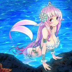 Rule 34 | 1girl, amami amayu, blue eyes, breasts, cleavage, fins, hair ornament, head fins, huge breasts, jewelry, long hair, mermaid, monster collection, monster girl, necklace, ocean, pink hair, shell, solo