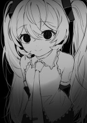 Rule 34 | 1girl, absurdres, bare shoulders, collared shirt, dark background, detached sleeves, greyscale, hair between eyes, hair ornament, hatsune miku, headphones, highres, long hair, looking at viewer, monochrome, necktie, shirt, simple background, smile, solo, swept bangs, twintails, very long hair, vocaloid, yukia 1128