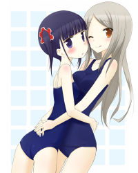 Rule 34 | 2girls, :o, ;q, artist request, bare arms, bare legs, bare shoulders, black hair, blue eyes, blue one-piece swimsuit, blush, breasts, brown eyes, checkered background, grey hair, highres, hug, legs, long hair, looking at viewer, minami shizuku, multiple girls, noda kotone, one-piece swimsuit, one eye closed, open mouth, sakura trick, school swimsuit, short hair, simple background, standing, swimsuit, tongue, tongue out, white background, wink, yellow eyes, yuri