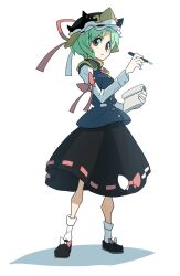 Rule 34 | 1girl, alternate eye color, asymmetrical hair, black footwear, black hat, black skirt, blue vest, book, bow, breasts, buttons, closed mouth, commentary request, epaulettes, footwear bow, frilled hat, frills, frown, full body, green hair, grey eyes, hat, holding, holding book, holding pen, kansuke (bubuduke), long sleeves, looking at viewer, one-hour drawing challenge, open book, pen, red bow, ribbon-trimmed skirt, ribbon trim, shadow, shiki eiki, shirt, shoes, short bangs, short hair, simple background, skirt, sleeve bow, small breasts, socks, solo, standing, touhou, two-tone bow, vest, white background, white bow, white shirt, white socks