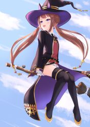 Rule 34 | 1girl, animal ears, belt, black belt, black cloak, black footwear, black necktie, blue sky, boots, broom, cloak, cloud, cloudy sky, commentary request, hair rings, hat, highres, horse ears, horse girl, horse tail, long hair, magical girl, necktie, open cloak, open clothes, outdoors, philo 324, pleated skirt, purple eyes, red sweater, shirt, sitting, skirt, sky, smile, solo, sweater, sweep tosho (umamusume), tail, thigh boots, twintails, umamusume, very long hair, white shirt, white skirt, witch hat