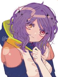 Rule 34 | 1girl, bad hands, breasts, closed mouth, covered collarbone, elbow gloves, eyes visible through hair, gina (gnosia), gloves, gnosia, han (hn-khk), highres, hood, hoodie, long hair, looking at viewer, purple hair, simple background, solo, turtle, wavy hair, white background