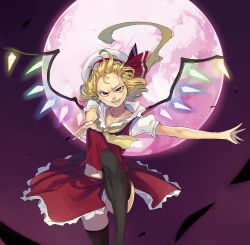 Rule 34 | 1girl, absurdres, ascot, black thighhighs, blonde hair, flandre scarlet, forehead, full moon, glowing, glowing wings, hat, hat ribbon, highres, midriff, moon, muneneko, navel, night, open mouth, red eyes, red moon, red skirt, ribbon, shirt, short hair, side ponytail, skirt, skirt set, solo, thighhighs, touhou, upskirt, vest, white hat, wings