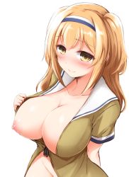 Rule 34 | 10s, blush, breasts, brown eyes, coat, don (29219), hairband, i-26 (kancolle), kantai collection, large breasts, light brown hair, light smile, long hair, naked coat, nipples, sailor collar, self exposure, short sleeves, two-tone hairband, two side up, white background