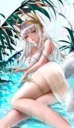 Rule 34 | 1girl, absurdres, alternate breast size, animal ears, arknights, arm support, ass, bare shoulders, breasts, commentary request, dress, feet out of frame, grey eyes, highres, horse ears, horse girl, horse tail, large breasts, laurel crown, leaf, legs, long hair, looking at viewer, lying, official alternate costume, on side, parted lips, platinum (arknights), platinum (shimmering dew) (arknights), see-through, short sleeves, sishima, solo, tail, thigh strap, water, wet, white dress, white hair