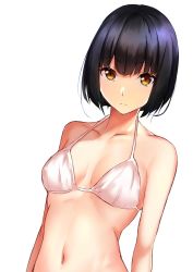 Rule 34 | 1girl, bare arms, bare shoulders, bikini, black hair, bob cut, breasts, cleavage, closed mouth, collarbone, expressionless, halterneck, highres, looking at viewer, medium breasts, navel, original, short hair, simple background, solo, spider apple, stomach, swimsuit, tareme, upper body, white background, white bikini, yellow eyes