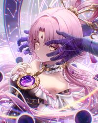 Rule 34 | 1girl, absurdres, bare shoulders, bow-shaped hair, chinese clothes, closed mouth, detached sleeves, expressionless, forehead jewel, fu xuan (honkai: star rail), hair ornament, hair stick, highres, honkai: star rail, honkai (series), jewelry, long hair, parted bangs, pink hair, suoniko, tassel, twintails, yellow eyes