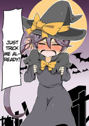 Rule 34 | 10s, 1girl, akebono (kancolle), alternate costume, bat (animal), black dress, blush, bow, closed eyes, dress, flower, graveyard, hair flower, hair ornament, halloween, halloween costume, hard-translated, hat, hat bow, kantai collection, long hair, long sleeves, moon, nose blush, open mouth, ponytail, purple hair, shawl, shino (ponjiyuusu), side ponytail, solo, sweat, third-party edit, tombstone, translated, trick or treat, tsundere, very long hair, wavy mouth, witch hat, yellow bow