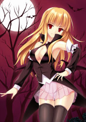 Rule 34 | 1girl, bare shoulders, bare tree, bat (animal), black thighhighs, blonde hair, breasts, cleavage, detached sleeves, evangeline a.k. mcdowell, fang, fang out, full moon, hand on own hip, highres, hip focus, leotard, long hair, looking at viewer, low wings, mahou sensei negima!, moon, pleated skirt, red eyes, see-through, skirt, smile, solo, thigh gap, thighhighs, thighs, tree, vampire, wings, zi se