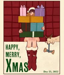 Rule 34 | 1girl, blue ribbon, boots, border, brown headband, dated, dog, english text, fake antlers, gift, hat, headband, highres, holding, holding gift, looking at viewer, merry christmas, original, red footwear, red nails, ribbon, santa hat, signature, solo, syooooyoooo, white border
