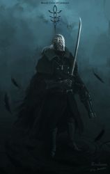 Rule 34 | 1boy, artist name, black coat, black footwear, bloodborne, bloody crow of cainhurst, boots, coat, commentary, copyright name, feather-trimmed coat, feather trim, feathers, grey hair, gun, helm, helmet, highres, holding, holding gun, holding sword, holding weapon, jewelry, long hair, male focus, necklace, signature, solo, standing, sword, tripdancer, weapon