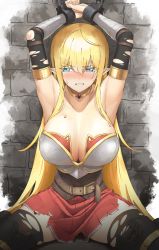 Rule 34 | 1girl, armor, armpits, arms up, belt, black thighhighs, blonde hair, blue eyes, blush, boots, breastplate, breasts, choker, cleavage, clenched teeth, colored eyelashes, commission, corset, cuffs, detached sleeves, hair between eyes, highres, large breasts, long hair, looking away, original, pleated skirt, pointy ears, restrained, shackles, sidelocks, sitting, skirt, solo, sweat, teeth, thigh boots, thighhighs, torn clothes, torn thighhighs, twin (tt lsh), vambraces, very long hair, wariza