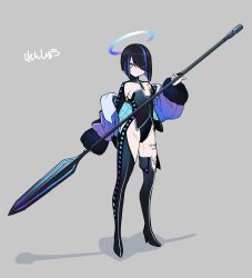 Rule 34 | 1girl, absurdres, black hair, blue hair, boots, closed mouth, collarbone, eyes visible through hair, gradient clothes, green eyes, grey background, hair over one eye, halo, high heels, highres, holding, holding polearm, holding weapon, jacket, leg tattoo, leotard, multicolored hair, original, padded jacket, patterned, patterned clothing, polearm, polka dot, short hair, simple background, sketch, sleeves past wrists, solo, spear, streaked hair, tattoo, tewo (tewowet), thigh boots, thighhighs, turtleneck, weapon