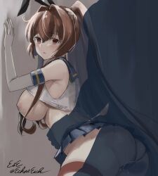 Rule 34 | 1boy, 1girl, ass, black neckerchief, black panties, blue sailor collar, blue skirt, blush, breasts, brown eyes, brown hair, commentary request, cosplay, crop top, eckert&amp;eich, elbow gloves, gloves, hetero, highleg, highleg panties, highres, kantai collection, large breasts, long hair, looking at viewer, microskirt, neckerchief, nipples, panties, penis, ponytail, sailor collar, sex, sex from behind, shimakaze (kancolle), shimakaze (kancolle) (cosplay), signature, silhouette, skirt, solo focus, striped clothes, striped thighhighs, thighhighs, thong, underwear, white gloves, yamato (kancolle)