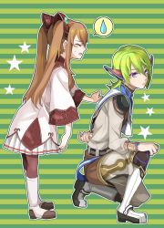 Rule 34 | 1boy, 1girl, bishounen, brown hair, closed mouth, coma (macaron), dress, ear covers, faize scheifa beleth, green hair, highres, long hair, lymle lemuri phi, official alternate costume, open mouth, pantyhose, pointy ears, purple eyes, star ocean, star ocean the last hope, twintails