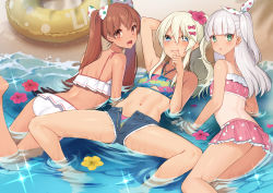 Rule 34 | 3girls, akagi kurage, ass, bare legs, barefoot, beach, bikini, bikini skirt, bikini under clothes, blonde hair, blue bikini, blue eyes, blunt bangs, blush, breasts, brown eyes, brown hair, closed mouth, collarbone, commentary request, dark-skinned female, dark skin, denim, denim shorts, fang, flower, frilled bikini, frills, grecale (kancolle), green eyes, hair between eyes, hair flower, hair ornament, hair ribbon, halterneck, heart, heart-shaped pupils, highres, innertube, kantai collection, libeccio (kancolle), long hair, looking at viewer, lying, maestrale (kancolle), multiple girls, navel, on back, on side, on stomach, one-piece tan, one side up, open fly, open mouth, outdoors, partially submerged, pink bikini, polka dot, polka dot bikini, ribbon, sand, shallow water, short shorts, shorts, side ponytail, silver hair, small breasts, smile, spread legs, striped, swim ring, swimsuit, swimsuit under clothes, symbol-shaped pupils, tan, tanline, tongue, tongue out, twintails, unzipped, water, waves, wavy hair, wet, white bikini