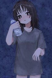Rule 34 | 1girl, black eyes, blush, bottle, bright pupils, brown hair, collarbone, commentary, cowboy shot, grey shirt, hands up, head tilt, highres, holding, holding bottle, looking at viewer, medium hair, no pants, original, parted lips, shii595, shirt, short sleeves, simple background, solo, standing, sweat, symbol-only commentary, t-shirt, water bottle, white pupils