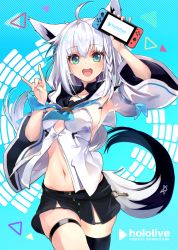 Rule 34 | 1girl, :d, ahoge, animal ears, arm up, armpits, bad id, bad pixiv id, black shorts, black thighhighs, braid, breasts, center opening, commentary request, copyright name, cowboy shot, detached sleeves, fox ears, fox girl, fox shadow puppet, fox tail, green eyes, holding, hololive, hood, hood down, long hair, long sleeves, looking at viewer, m/, medium breasts, navel, nintendo switch, open mouth, revision, shirakami fubuki, shirakami fubuki (1st costume), shirokitsune, shirt, short shorts, shorts, single thighhigh, smile, solo, stomach, tail, thigh strap, thighhighs, virtual youtuber, white hair, white shirt, wide sleeves
