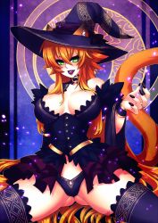 Rule 34 | 1girl, animal ears, bare shoulders, breasts, catheline (deathblight), choker, cleavage, crescentia fortuna, deathblight, fingernails, green eyes, halloween, hat, large breasts, lips, lipstick, long fingernails, long hair, makeup, nail polish, no pants, orange hair, panties, slit pupils, tail, thighhighs, underwear, witch, witch hat