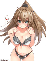 Rule 34 | 1girl, blue eyes, bow, bow panties, bra, breasts, brown hair, cleavage, collarbone, cowboy shot, hair between eyes, heart, highres, kantai collection, kumano (kancolle), large breasts, lingerie, long hair, looking at viewer, navel, panties, ponytail, smile, solo, speech bubble, spoken heart, standing, takase muh, twitter username, two-tone bra, two-tone panties, underwear, underwear only, white background, white bra