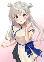 Rule 34 | &gt;:), 1girl, bare arms, blue bow, blush, bow, braid, breasts, brown dress, china dress, chinese clothes, closed mouth, dress, earrings, gradient background, grey hair, hair rings, highres, hisakawa hayate, idolmaster, idolmaster cinderella girls, jewelry, k mugura, long hair, pink background, sleeveless, sleeveless dress, small breasts, smile, solo, v-shaped eyebrows, very long hair, white background