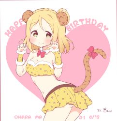 Rule 34 | 10s, 1girl, animal ears, animal print, arm warmers, ass, bandeau, blonde hair, blush, bow, bowtie, braid, breasts, character name, claw pose, cleavage, crown braid, dated, detached collar, green eyes, hair rings, happy birthday, heart, leopard ears, leopard print, leopard tail, looking at viewer, love live!, love live! school idol project, love live! sunshine!!, midriff, miniskirt, nail polish, navel, ohara mari, red nails, saku usako (rabbit), short hair, signature, skirt, smile, solo, strapless, tail, tail bow, tail ornament, tube top