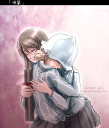 Rule 34 | 2girls, absurdres, aki (girls und panzer), blue headwear, blue shirt, blurry, blurry background, brown eyes, brown hair, cherry blossoms, closed mouth, commentary, crying, dated, dress shirt, frown, girls und panzer, graduated cylinder, graduation, grey skirt, grimace, hair tie, hat, highres, holding, hug, keizoku school uniform, leaning forward, light brown hair, long hair, long sleeves, mika (girls und panzer), miniskirt, multiple girls, one-hour drawing challenge, outdoors, pink background, pleated skirt, sad, school uniform, shirt, short hair, short twintails, sketch, skirt, standing, striped clothes, striped shirt, tears, tomokoji, translated, tree, tulip hat, twintails, twitter username, unworn hat, unworn headwear, vertical-striped clothes, vertical-striped shirt, white shirt