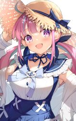Rule 34 | 1girl, :d, absurdres, ahoge, arm up, blue bow, blue choker, blue hair, blue ribbon, blue sailor collar, blue skirt, blush, bow, breasts, brown hat, choker, colored inner hair, darjeeling (reley), drill hair, frilled sailor collar, frills, hand on headwear, hat, hat bow, highres, hololive, jacket, large breasts, looking at viewer, minato aqua, minato aqua (sailor), multicolored hair, off shoulder, open clothes, open jacket, open mouth, pink hair, purple eyes, ribbon, ribbon choker, sailor collar, shirt, sidelocks, simple background, skirt, smile, solo, straw hat, sun hat, suspender skirt, suspenders, twin drills, twintails, virtual youtuber, white background, white jacket, white shirt