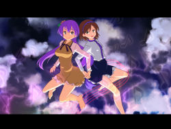 Rule 34 | 2girls, :d, anime coloring, barefoot, brown hair, cato (monocatienus), cloud, cloudy sky, commentary request, dress, floating, flower, hair flower, hair ornament, holding hands, interlocked fingers, letterboxed, long hair, long sleeves, looking at viewer, multiple girls, musical note, open mouth, pink eyes, purple hair, short hair, skirt, sky, smile, touhou, tsukumo benben, tsukumo yatsuhashi, yellow dress, yellow eyes