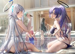 Rule 34 | 1girl, 4girls, :o, :p, accidental exposure, arms up, ass, back, bikini, bikini bottom pull, black bikini, blue archive, blue one-piece swimsuit, blunt bangs, blush, breasts, closed eyes, closed mouth, commentary request, embarrassed, food, hair ornament, halo, highres, ice cream, ice cream cone, indoors, koyuki (blue archive), large breasts, long hair, looking at viewer, looking back, lotion, mechanical halo, median furrow, multiple girls, nanaken nana, noa (blue archive), one-piece swimsuit, open mouth, parted bangs, pink hair, ponytail, pool, poolside, purple eyes, purple hair, rio (blue archive), sidelocks, sitting, smile, solo, sunscreen, swimsuit, thighs, tongue, tongue out, twintails, very long hair, water, water drop, white hair, white one-piece swimsuit, yuuka (blue archive)
