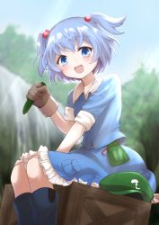 Rule 34 | 1girl, blouse, blue eyes, blue hair, blue shirt, blue skirt, brown gloves, collared shirt, commentary request, crate, cucumber, day, food, forest, gloves, green hat, hair bobbles, hair ornament, hat, highres, holding, holding food, kawashiro nitori, kotarou (yukina1721), looking at viewer, nature, open mouth, outdoors, petticoat, shirt, short sleeves, sitting, skirt, sky, smile, solo, touhou, two side up, unworn hat, unworn headwear, vegetable, water, waterfall