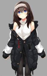 Rule 34 | 1girl, black coat, blue eyes, blush, breasts, brown hair, buttons, closed mouth, coat, commentary request, earrings, grey background, hair between eyes, hairband, highres, idolmaster, idolmaster cinderella girls, jewelry, long hair, long sleeves, looking at viewer, off shoulder, oga raito, sagisawa fumika, solo, white hairband, zipper pull tab