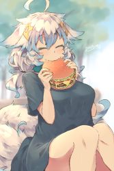 Rule 34 | 1girl, animal ears, black shirt, blue hair, blurry, blurry background, breasts, burger, closed eyes, commentary request, depth of field, eating, fang, fang out, food, food on face, hair between eyes, hair ornament, holding, holding food, knees up, kuromiya, large breasts, long hair, medium breasts, multicolored hair, original, shiromiya asuka, shirt, short sleeves, signature, silver hair, sitting, solo, tail