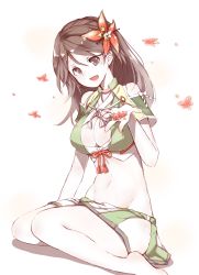 Rule 34 | 10s, 1girl, :d, amagi (kancolle), breasts, brown eyes, brown hair, cleavage, cleavage cutout, clothing cutout, female focus, flower, hair flower, hair ornament, highres, kantai collection, kiri (kyannsa01), large breasts, long hair, midriff, mole, mole under eye, navel, open mouth, ponytail, smile, solo