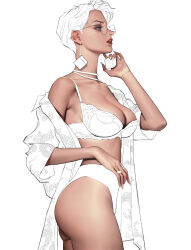 Rule 34 | 1girl, absurdres, ass, blue eyes, bra, breasts, cleavage, earrings, from side, glasses, highres, jewelry, large breasts, original, panties, partially colored, robe, round eyewear, short hair, simple background, solo, standing, underwear, white background, wonbin lee