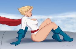 Rule 34 | 1girl, blonde hair, blue gloves, blue sky, boots, breasts, cape, cleavage, dc comics, closed eyes, full body, gloves, legs, leotard, lipstick, makeup, power girl, red cape, short hair, sitting, sky, smile, solo, thighs, white leotard