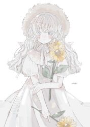Rule 34 | 1girl, artist name, blush, dress, driedflower, flower, hat, highres, holding, holding flower, long hair, looking at viewer, original, short sleeves, signature, simple background, solo, straw hat, sunflower, white background, white dress, white hair