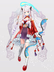 Rule 34 | 1girl, absurdres, ahoge, akasaka asa, arrow (projectile), blue eyes, bow (weapon), braid, breasts, butterfly hair ornament, cleavage, detached sleeves, doily, frills, full body, glowing, glowing weapon, grey background, hair ornament, highres, holding, holding arrow, holding bow (weapon), holding weapon, houchi shoujo, leg wrap, looking at viewer, magic, purple skirt, red footwear, red ribbon, ribbon, simple background, skirt, standing, twin braids, two side up, weapon, white hair, white legwear