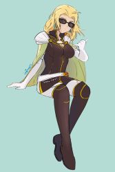 Rule 34 | belt, blonde hair, blue eyes, boots, breasts, cape, earrings, fire emblem, fire emblem: the sacred stones, gloves, high boots, highres, in2naps, jewelry, long glove, medium hair, nintendo, selena (fire emblem: the sacred stones), sitting, sunglasses