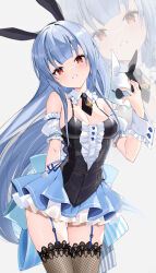 Rule 34 | 1girl, absurdres, animal ears, arms behind back, back bow, black dress, black hairband, black necktie, blue hair, blue skirt, blunt bangs, bow, breasts, center frills, cleavage, contrapposto, detached collar, detached sleeves, dress, fake animal ears, fishnet thighhighs, fishnets, frilled dress, frilled thighhighs, frills, garter straps, hairband, head tilt, highres, holding, holding mask, hololive, large bow, long hair, long sleeves, looking at viewer, mask, medium breasts, meteor (yamashou), miniskirt, necktie, official alternate costume, official alternate hairstyle, orange eyes, pleated skirt, puffy detached sleeves, puffy long sleeves, puffy short sleeves, puffy sleeves, rabbit-shaped pupils, rabbit ears, rabbit mask, see-through, see-through skirt, short dress, short necktie, short sleeves, sidelocks, skirt, sleeveless, sleeveless dress, solo, straight hair, symbol-shaped pupils, thick eyebrows, thighhighs, thighs, unworn mask, usada pekora, usada pekora (furi furi bunny dress), virtual youtuber, white sleeves, wrist cuffs, zettai ryouiki, zoom layer