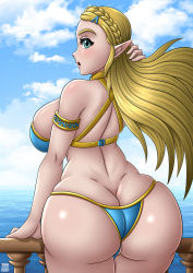 Rule 34 | 1girl, armlet, ass, back, bare shoulders, bikini, blonde hair, blue bikini, blue eyes, braid, braided bangs, breasts, butt crack, cowboy shot, from behind, hair ornament, hairclip, highres, huge ass, large breasts, long hair, looking at viewer, looking back, nintendo, open mouth, outdoors, pointy ears, princess zelda, sky, solo, swimsuit, takilmar, the legend of zelda, the legend of zelda: breath of the wild, thigh gap