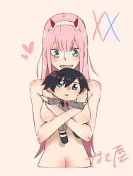 Rule 34 | 10s, 1girl, black hair, blue eyes, breasts, couple, darling in the franxx, doll, green eyes, highres, hiro (darling in the franxx), holding, holding doll, horns, long hair, medium breasts, nakoya (nane cat), nude, open mouth, pink hair, short hair, signature, smile, zero two (darling in the franxx)