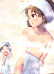 Rule 34 | 10s, 2girls, ?, ^^^, arm at side, ayanami (kancolle), blank eyes, blush, brown hair, censored, censored nipples, collarbone, commentary request, convenient censoring, covering privates, covering breasts, eyebrows, eyelashes, groin, holding, kantai collection, leaning forward, long hair, looking at another, looking back, minarai shachou, multiple girls, nude, open mouth, outstretched arm, parted bangs, pointing, shikinami (kancolle), solo focus, steam, steam censor, surprised, sweat, sweatdrop, towel, towel on head, wavy mouth, wet, wet hair, white towel, yellow eyes