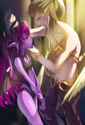 Rule 34 | 1boy, 1girl, absurdres, angel, angel and devil, angel wings, blonde hair, blue eyes, blush, bracelet, breasts, colored skin, commentary request, demon girl, demon horns, demon wings, hair pulled back, hand on another&#039;s chin, highres, horns, jewelry, long hair, looking at another, looking away, low wings, muscular, muscular male, original, pointy ears, purple hair, purple skin, red eyes, small breasts, topless male, wings, yuki m 001