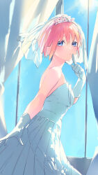 Rule 34 | 1girl, absurdres, bare shoulders, blue eyes, bridal veil, curtains, diadem, dress, finger to mouth, gloves, go-toubun no hanayome, highres, index finger raised, looking at viewer, nakano ichika, pink hair, short hair, shushing, solo, standing, strapless, strapless dress, valentine (02140314c), veil, wedding dress, white dress, white gloves, window