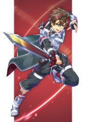 Rule 34 | 1boy, armor, black cape, brown hair, cape, commentary request, fighting stance, fingerless gloves, full body, gauntlets, gloves, green eyes, hair between eyes, highres, holding, holding sword, holding weapon, is ii, leg up, looking at viewer, male focus, multicolored hair, open mouth, original, red hair, scabbard, sheath, short hair, shorts, solo, spiked hair, streaked hair, sword, v-shaped eyebrows, waist cape, weapon, white footwear