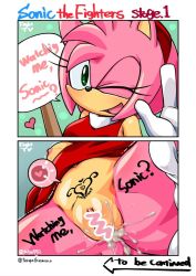 Rule 34 | 1girl, aftersex, amy rose, ass, bottomless, breasts, censored, comic, cum, cum in pussy, female focus, impregnation, panties, panties around leg, pussy, solo, sonic (series), talking, underwear