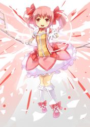 Rule 34 | 10s, 1girl, absurdres, bow, bubble skirt, choker, dress, gloves, hair bow, hairband, highres, kaname madoka, looking at viewer, lossy-lossless, mahou shoujo madoka magica, mahou shoujo madoka magica (anime), mushiboy, open mouth, outstretched hand, pink eyes, pink hair, puffy sleeves, ribbon, short twintails, skirt, solo, twintails, white gloves, white legwear