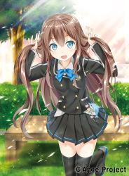 Rule 34 | 1girl, :d, ange vierge, bench, black skirt, black thighhighs, blue eyes, brown hair, bunching hair, character request, copyright notice, day, grass, highres, kurowana, long hair, looking at viewer, open mouth, outdoors, pleated skirt, school uniform, skirt, smile, solo, standing, standing on one leg, thighhighs, tree, two side up, very long hair, zettai ryouiki